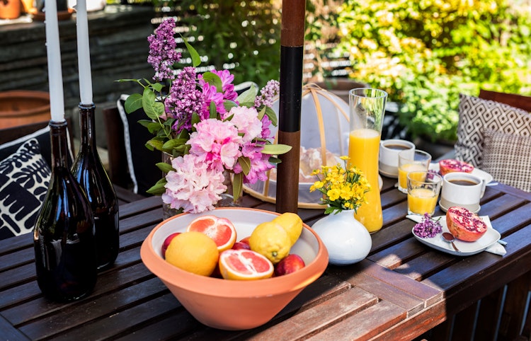 Rylandsrom dekket bord med frukt og drikke vakker hage solskinn